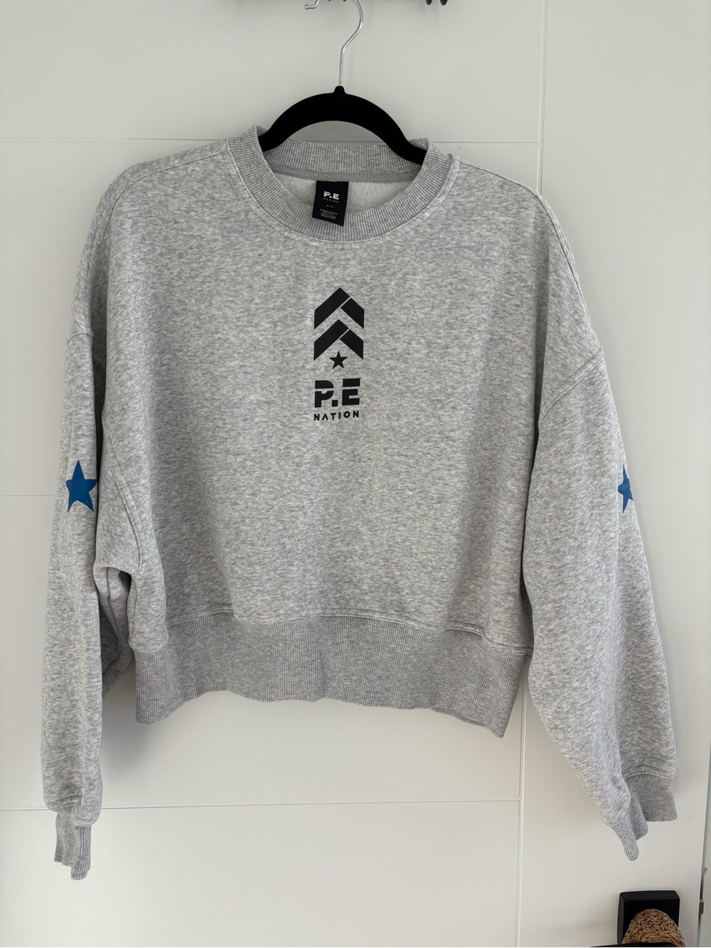 P.E Nation x Barry’s Boot Camp Grey Crewneck Sweatshirt with Blue Star Sleeves